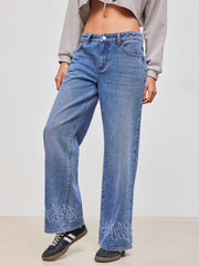 Cider Denim Low Rise Flared Embroidery Pocket Straight Leg Jeans