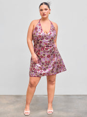 Sequin Halter V-neck Floral Knotted Mini Dress Curve & Plus