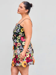 Jacquard Square Neck Colorful Floral Embroidery Mini Dress Curve & Plus