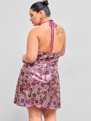 Sequin Halter V-neck Floral Knotted Mini Dress Curve & Plus
