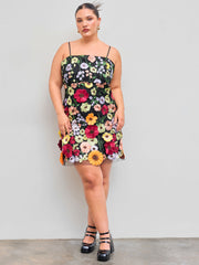 Jacquard Square Neck Colorful Floral Embroidery Mini Dress Curve & Plus