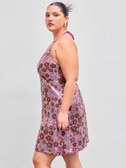 Sequin Halter V-neck Floral Knotted Mini Dress Curve & Plus