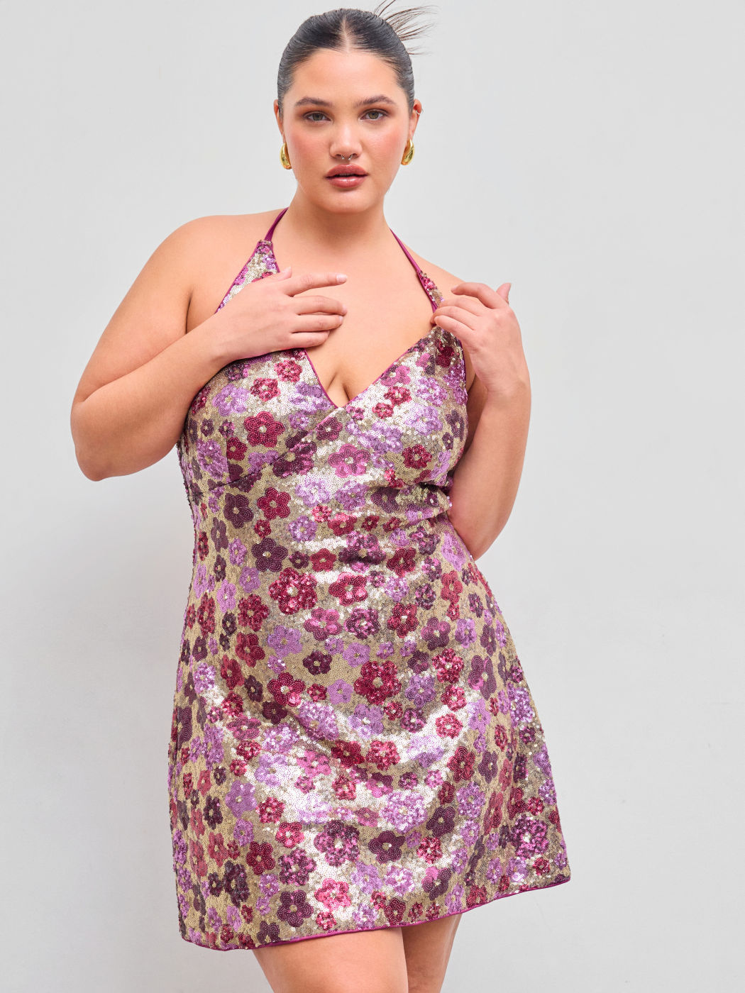 Sequin Halter V-neck Floral Knotted Mini Dress Curve & Plus