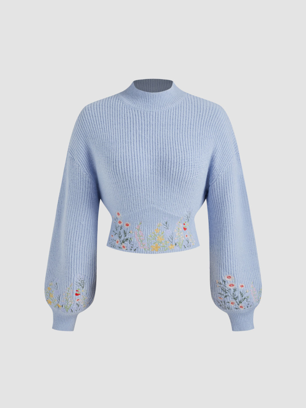 Knit High Neck Floral Embroidery Crop Top