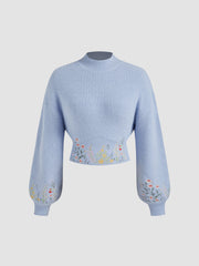 Knit High Neck Floral Embroidery Crop Top