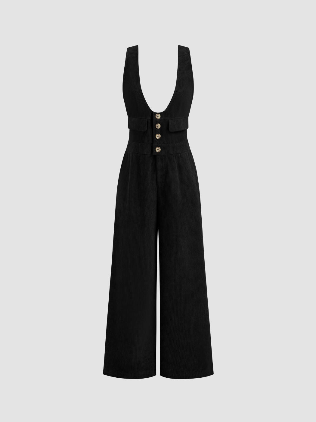 Corduroy Scoop Neckline Solid Button Pocket Jumpsuit