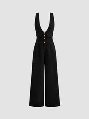 Corduroy Scoop Neckline Solid Button Pocket Jumpsuit