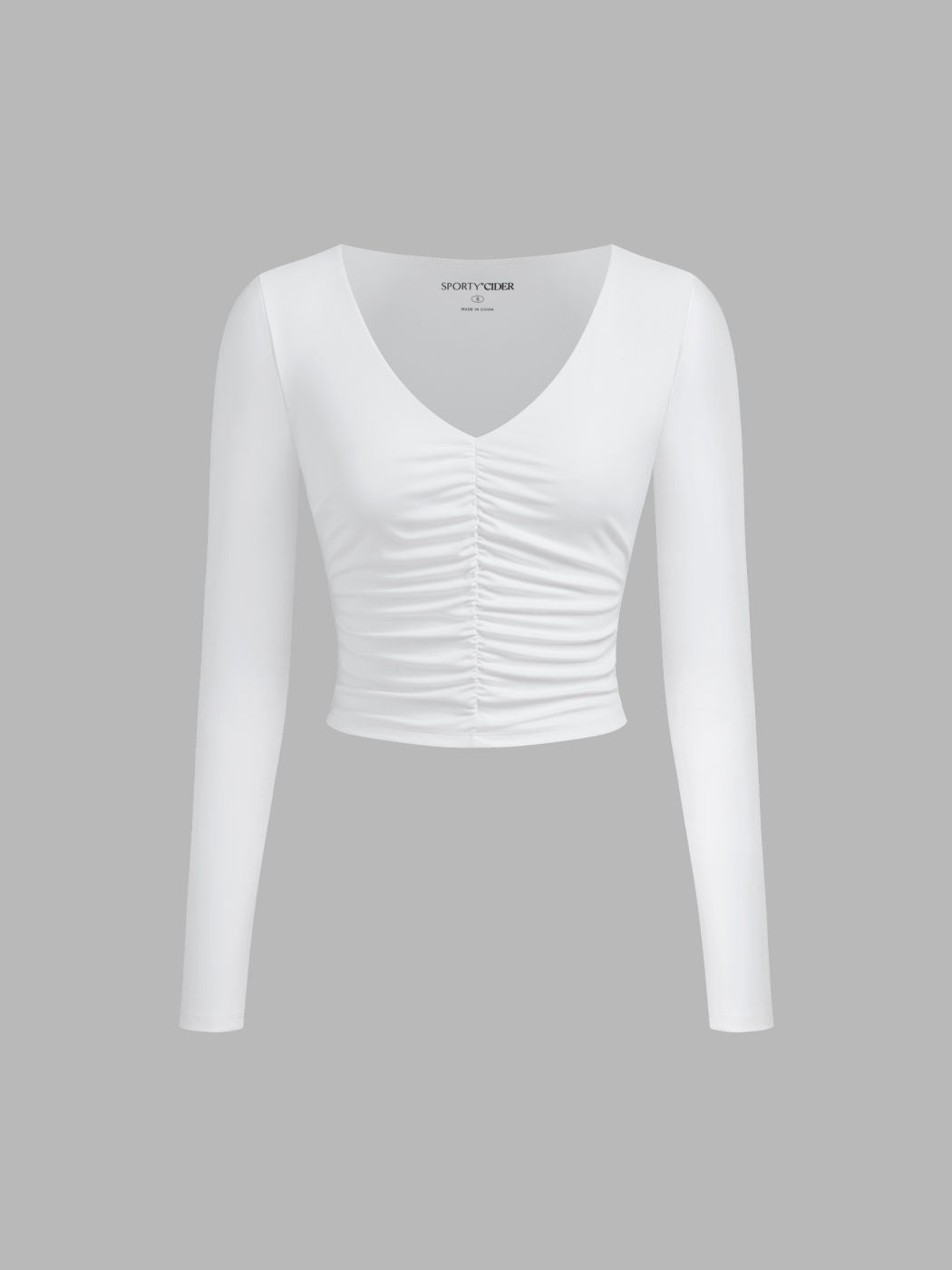 CIDERCONTOUR Double Layered V-neck Solid Ruched Long Sleeve Tee