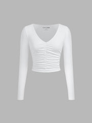 CIDERCONTOUR Double Layered V-neck Solid Ruched Long Sleeve Tee