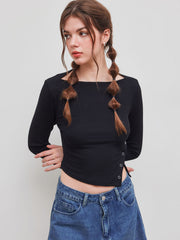 Boat Neck Solid Button Long Sleeve Crop Top