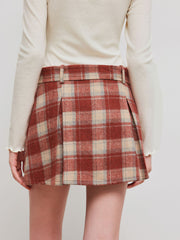 Wool-like High Rise Check Mini Skirt With Belt