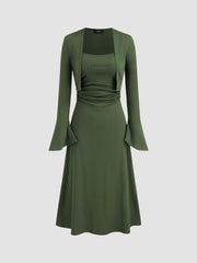 Ruched Solid Cami Maxi Dress & Solid Long Sleeve Shrug