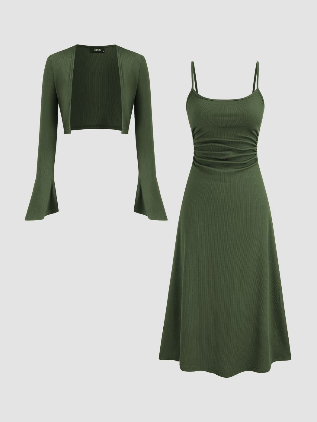 Ruched Solid Cami Maxi Dress & Solid Long Sleeve Shrug
