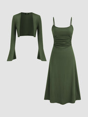 Ruched Solid Cami Maxi Dress & Solid Long Sleeve Shrug