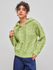 Cable Knit Hooded Solid Long Sleeve Top