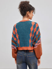 Knit Round Neckline Striped Geometric Cardigan