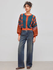 Knit Round Neckline Striped Geometric Cardigan