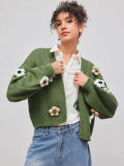 Knit Collarless Floral Cardigan