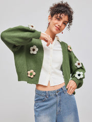 Knit Collarless Floral Cardigan