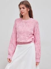 Knit Round Neckline Hollow Out Rhombus Knotted Long Sleeve Top