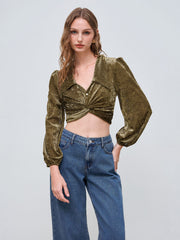 V-neck Twist Pearl Long Sleeve Crop Blouse