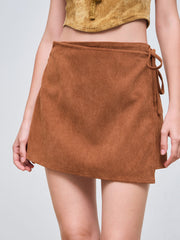 Corduroy Mid Rise Solid Knotted Mini Skirt