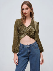 V-neck Twist Pearl Long Sleeve Crop Blouse