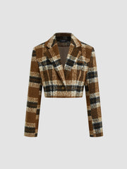 Wool-like Collar Checks Button Crop Jacket