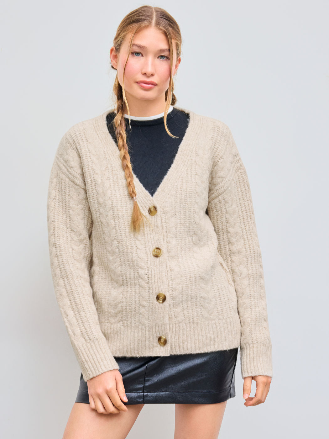 Cable Knit Wool-blend  V-neck Solid Button Cardigan