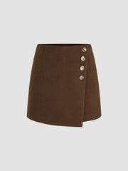 Wool-like Mid Rise Solid Button Mini Skort