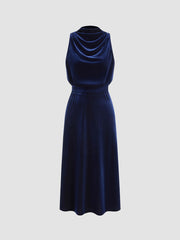 Velvet High Neck Solid Ruched Midi Dress