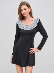 Round Neckline Solid Lace Bowknot Mini Dress