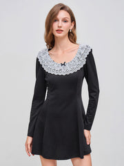 Round Neckline Solid Lace Bowknot Mini Dress