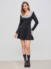 Round Neckline Solid Lace Bowknot Mini Dress