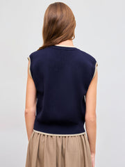 Knit Round Neckline Dog Graphic Contrasting Binding Vest