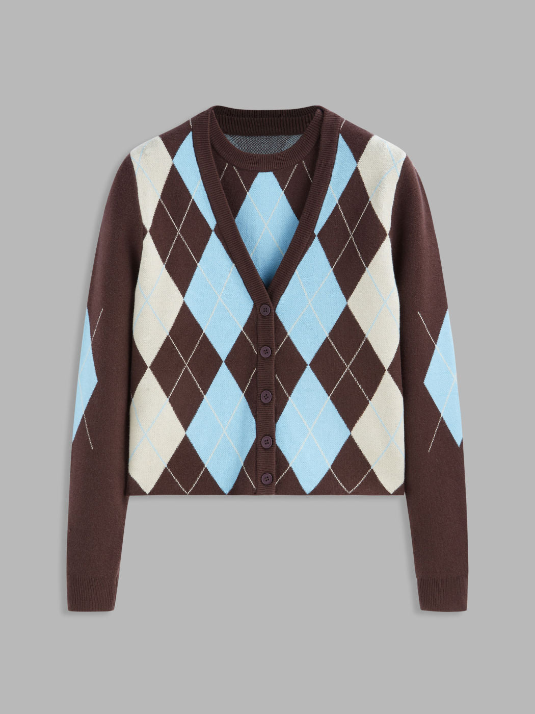 Knit Argyle Pattern Vest & Cardigan Two Piece Set