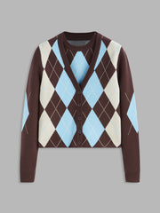 Knit Argyle Pattern Vest & Cardigan Two Piece Set