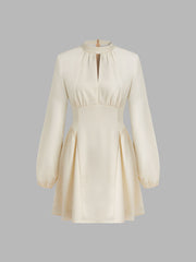 Stand Collar Puff Sleeve Cut out Cinched Waist Ruffle Mini Dress