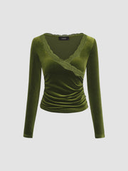 Velvet V-neck Solid Lace Ruched Long Sleeve Top
