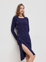 Knit Round Neckline Button Midi Dress