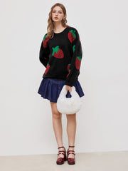 Knit Round Neckline Strawberry Long Sleeve Top
