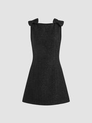 Tweed Boat Neck Solid Bowknot Mini Dress