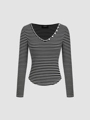 V-neck Curved Hem Striped Button Long Sleeve Tee