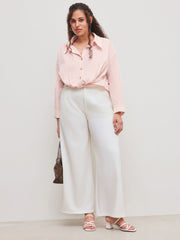 Cotton-blend Collar Striped Knotted Roll-up Long Sleeve Shirt Curve & Plus
