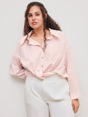 Cotton-blend Collar Striped Knotted Roll-up Long Sleeve Shirt Curve & Plus