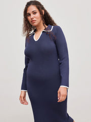 Knit V-neck Solid Contrasting Binding Midi Dress Curve & Plus