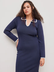 Knit V-neck Solid Contrasting Binding Midi Dress Curve & Plus