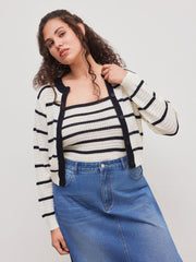 Knit Striped Contrasting Binding Button Cardigan & Striped Cami Top Curve & Plus