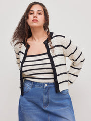 Knit Striped Contrasting Binding Button Cardigan & Striped Cami Top Curve & Plus