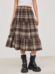 Woven High Rise Check Ruffle Tiered Maxi Skirt
